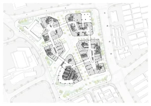 A modern, multi-story residential building floor plan with a white and black color scheme, featuring clean lines and minimalistic design elements