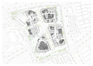 Hand-drawn floor plan of a residential complex with multiple rooms, simple layout, and minimalistic style