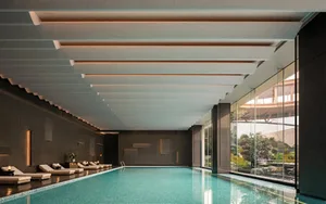 A modern pool area with a blue tiled pool, a wooden ceiling, and natural light from a large window, surrounded by lounge chairs and a potted plant