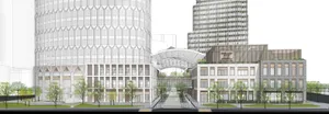 A bustling city street with tall buildings, a glass-roofed building, and a bridge, surrounded by trees and natural sunlight