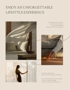 A woman in a black dress walks towards a white couch in a stylish living room with an elegant atmosphere