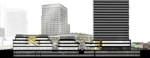 A bustling downtown cityscape with a modern building featuring a glass roof, surrounded by other buildings with various architectural details