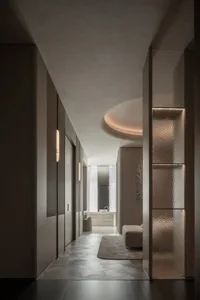 一間光線充足的現代衛浴，配有大型鏡子、水槽與座椅，採用乾淨優雅的風格，以白色材料為主