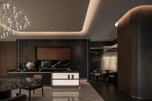 A modern kitchen and dining area with a sink, refrigerator, dining table, chairs, couch, and chair, featuring wood and marble materials and a combination of natural and artificial lighting