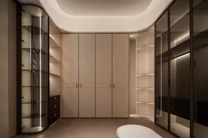 Cozy modern bedroom with a white color scheme, a large closet with a mirrored door, a bookshelf with a glass door, and a bench, set against a dimly lit background