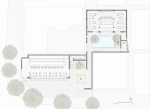 A simple hand-drawn floor plan of an outdoor space with a pool and patio, featuring a calm and inviting atmosphere