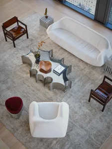Cozy modern living space with a white couch, chair, and coffee table, surrounded by books and a rug, with natural light from a window