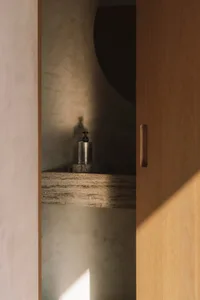 Bathroom with a sink and a bottle on the counter, surrounded by wooden surfaces and dim lighting