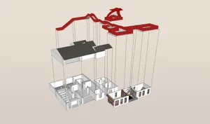 A modern house with a red roof and white walls, featuring a cozy living room with a couch and chair, and natural and artificial lighting