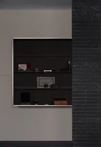 A study or living area with a black and white color scheme, featuring a wooden bookshelf with books and a clock, and a focus on organization and functionality