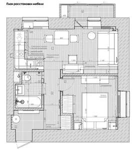 現代住宅的2D俯視平面圖，採用木頭、混凝土與金屬元素，包含房間輪廓、標註與尺寸標示