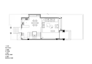 2D floor plan of a modern house with white walls, grey accents, and natural lighting from windows