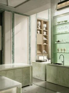 Bathroom with a marble counter, wooden cabinets, and a green color scheme, featuring a calm and relaxing atmosphere