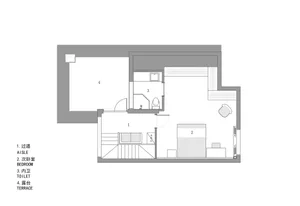 2D floor plan of a modern house with white walls, wooden floor, and labeled rooms including kitchen, living room, and bathroom