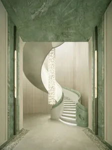 A rendered image of a spiral staircase in a modern hallway with marble surfaces, surrounded by a sophisticated and elegant space