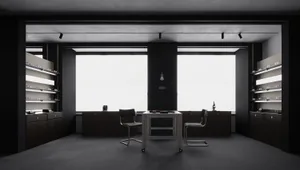 現代辦公空間，黑色桌椅，燈光昏暗，營造沉穩氛圍