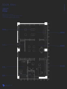 Large black and white floor plan of a minimalist kitchen dining space with room outlines, labels, measurements, and symbols indicating the layout of the space