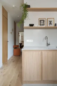 A well-lit kitchen with wooden cabinets, a sink, and a potted plant, creating a warm and inviting atmosphere