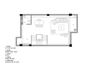 Black and white floor plan of a modern residential space with clean lines, minimalistic design, and natural lighting