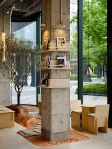 A cozy cafe with a concrete wall, wooden chairs, and dining tables, surrounded by books and natural light