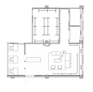 White floor plan of a modern house with a living room, kitchen, and dining room, featuring clean lines and minimal decoration