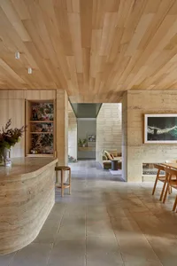 Warm and inviting living room with a couch, chair, dining table, and kitchen area, decorated with plants, vases, and bottles, featuring wood and stone materials