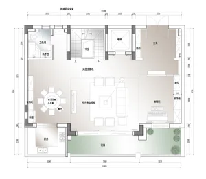 2D floor plan of a modern house with a living room, kitchen, and dining room, featuring neutral tones, natural lighting, and a focus on open space and functionality