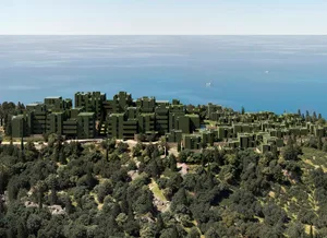 A futuristic cityscape with modern green buildings, surrounded by trees and a large body of water