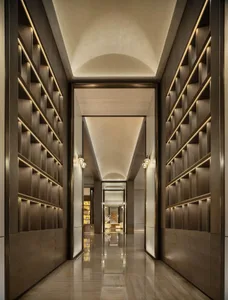 A well-lit hallway with bookshelves lining the walls, filled with books, creating a cozy and intellectual atmosphere