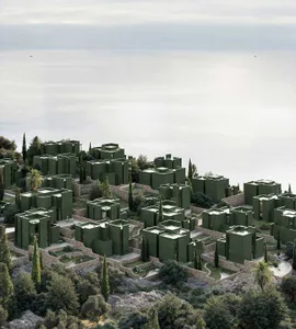 A rendered architectural scene of a city with numerous green buildings, set against a backdrop of water, with sunlight streaming in from the top left corner, creating a bright and inviting atmosphere