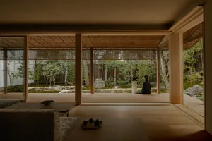 Cozy living room with a woman sitting on the floor, surrounded by a wooden floor, table, and decorative items