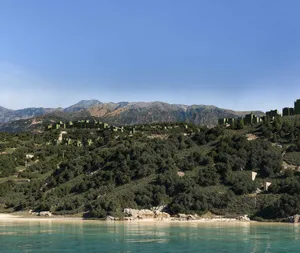 A cityscape with a beach area featuring a mix of architectural styles, a green-roofed building, and a row of green trees along the shoreline