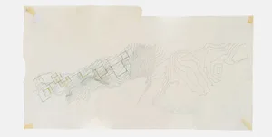 A simple top-down drawing of a mountainous terrain with basic shapes and outlines, conveying a sense of a mountain range
