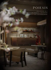 A modern living room with a dining area, featuring a dining table, chairs, a couch, and decorative items, with a focus on natural lighting and wood materials