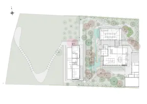Black line drawing of a modern house floor plan with rooms labeled and dimensions shown