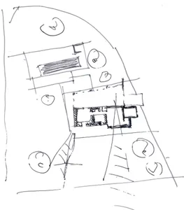 Black and white drawing of a simple open plan interior with a dining table and chairs and a smaller room with a couch