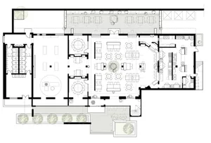 A well-organized floor plan of a large open space with multiple tables and chairs, designed for dining and socializing, with clear labels and measurements