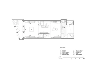 Black and white architectural floor plan of a retail boutique showing labeled zones including courtyard, entrance, clothing and accessory displays, cashier counter, dressing room, resting area, toilet and landscape area, with a 5-metre scale bar and north indicator.