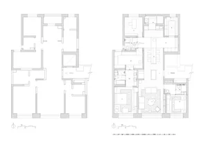 Black and white architectural floor plan showing two versions of a multi-bedroom residential layout with labeled rooms, furniture placement, and scale.