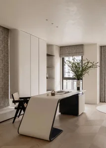 Modern minimalist home office featuring a sculptural white desk with black base, dark wood chair with cane back, built-in white cabinetry, and a large window with grey roman shade and potted greenery.