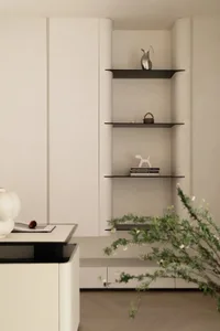 Modern minimalist interior featuring white matte built-in cabinetry with black floating glass shelves displaying sculptural objects, books, and a green plant in the foreground.