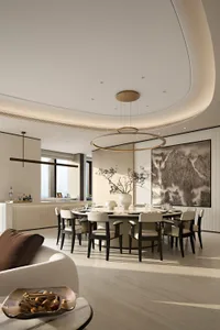 Modern luxury dining room featuring a large round walnut dining table with eight upholstered chairs, a dramatic circular pendant light, a large Chinese ink mountain painting, and a curved ceiling detail.