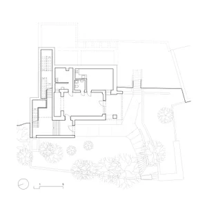 Black and white architectural floor plan of a modern two-story residential house featuring multiple bedrooms, living areas, kitchen, bathrooms, staircases, and a landscaped garden with trees.