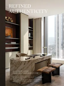 Modern luxury home office featuring a large Calacatta marble desk, built-in burgundy shelving with decorative objects, two brown leather stools, and expansive floor-to-ceiling windows overlooking a city skyline.