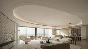 Modern luxury living room featuring a dramatic curved cove ceiling, textured white wall art, cream modular sofas, and large floor-to-ceiling windows with harbor view.