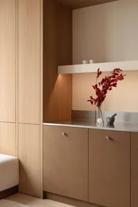 Modern minimalist entryway featuring light oak built-in cabinetry, a warm beige lower console with stainless steel countertop, and a glass vase with dramatic red foliage under warm LED lighting.