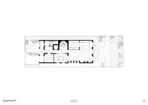 Black and white technical ground floor plan drawing of 92 Ramsgate Ave, showing interior room layouts, circulation, courtyard, swimming pool, and landscaping.