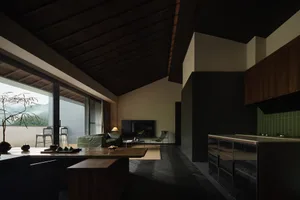 Modern dark wood interior of a living room and kitchen with high pitched timber ceiling, large glass doors opening to a mountain view, green leather sofa, and minimalist furniture.