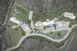 Architectural site plan of a luxury mountain resort with multiple villa buildings, pools, and landscaped gardens set within a hilly, terraced terrain.
