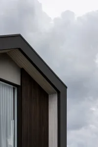 Close-up view of a modern building facade featuring dark vertical wood cladding, light-colored panels, and a dark roof overhang against a cloudy sky.